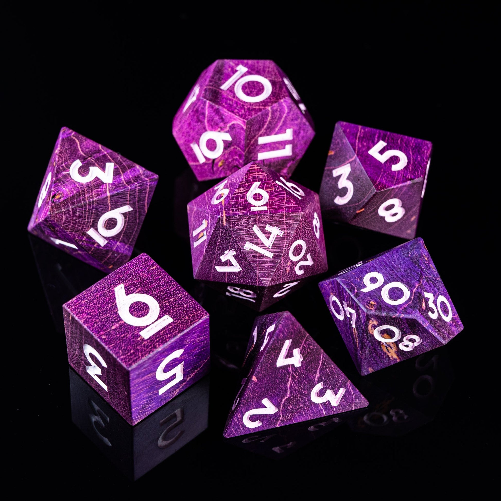 Purple Flame Storm - Mage Series 7 Piece Wooden Dice Set - AngleDice - WDM - QZ